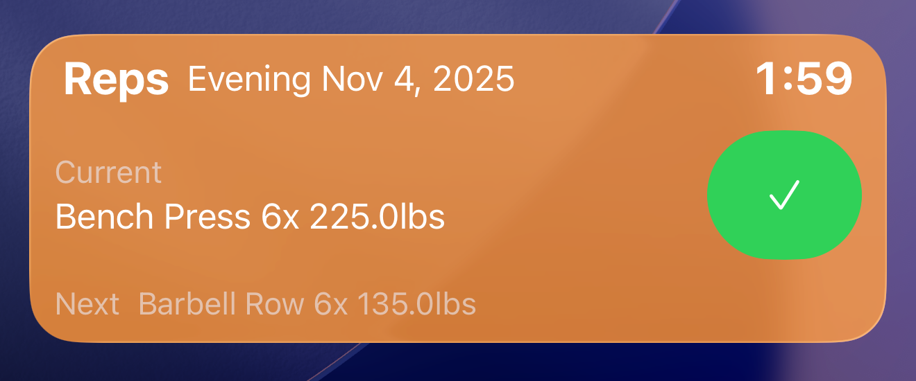 Reps app lock screen live activity showing workout tracking