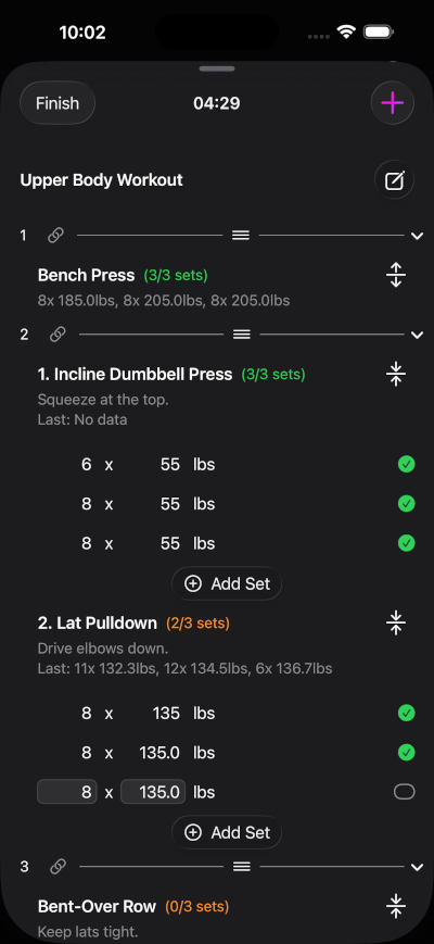 Reps app workout session view showing easy exercise and set tracking