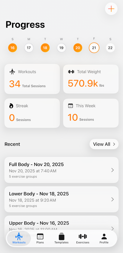 Screenshot of the Reps workout tracking app