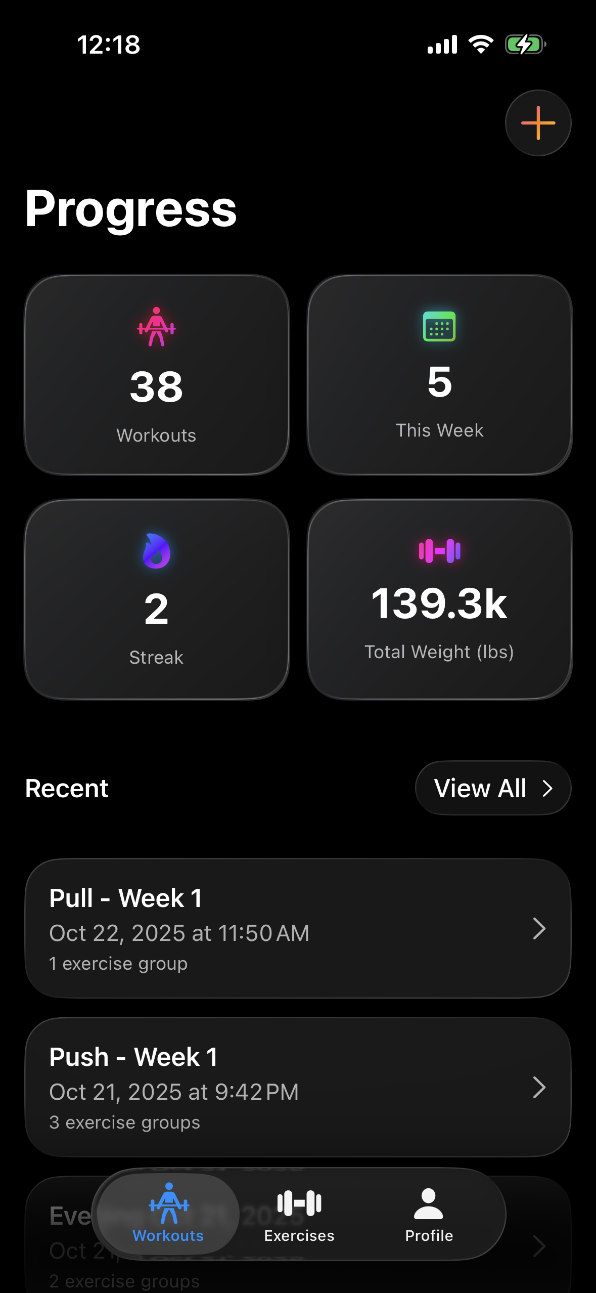Screenshot of the Reps workout tracking app